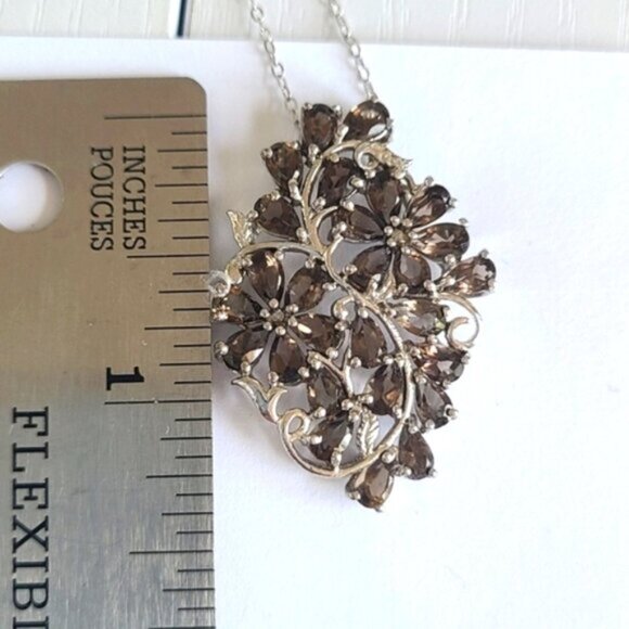 Vintage Sterling Silver Floral Filigree Smoky Quartz Crystal Pendant Necklace - Picture 6 of 16